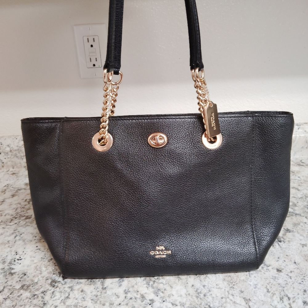 Coach Black and Gold Leather Turnlock Tote with Chain Straps